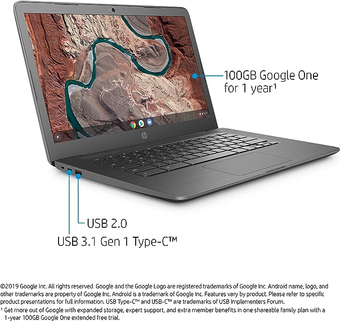 HP Chromebook Ordinateur portable 14" avec charnière à 180 degrés, processeur AMD Dual-Core A4-9120, 4 Go SDRAM, 32 Go de stockage eMMC, Chrome OS (14-db0020nr) / Noir